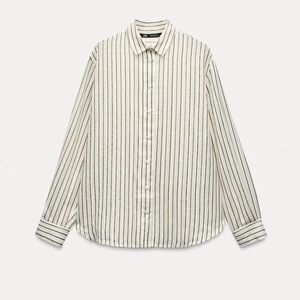 ZARA COTTON TEXTURED STRIPE BUTTON UP SHIRT RESORT TRAVEL Green Ecru L